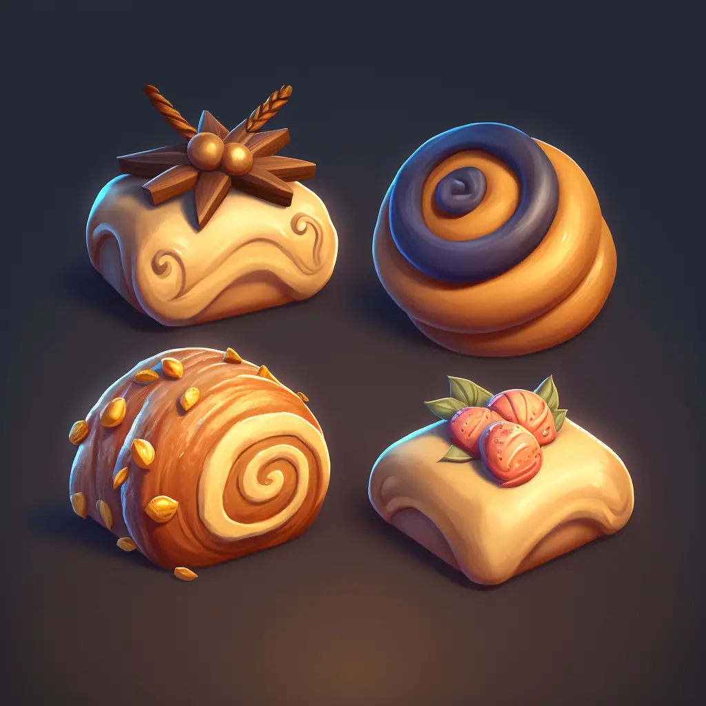 sheet of cafe pastries, game asset, game icon, clay render, blender, oily, shiny, bevel, smooth rendering, style of Hearthstone 
